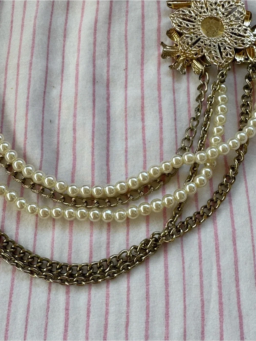 Gold-Tone Multi-Strand Pearl & Chain Necklace with Floral Accent, GUC